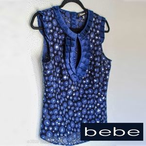 BEBE Night Sea Blue Sequin Eyelet top